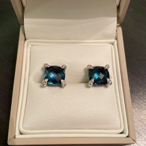 David Yurman stud earring in sterling silver with blue topaz and pave diamonds